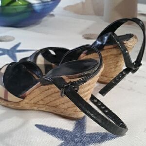 Burberry Black Leather Espadrille Wedge Sandals